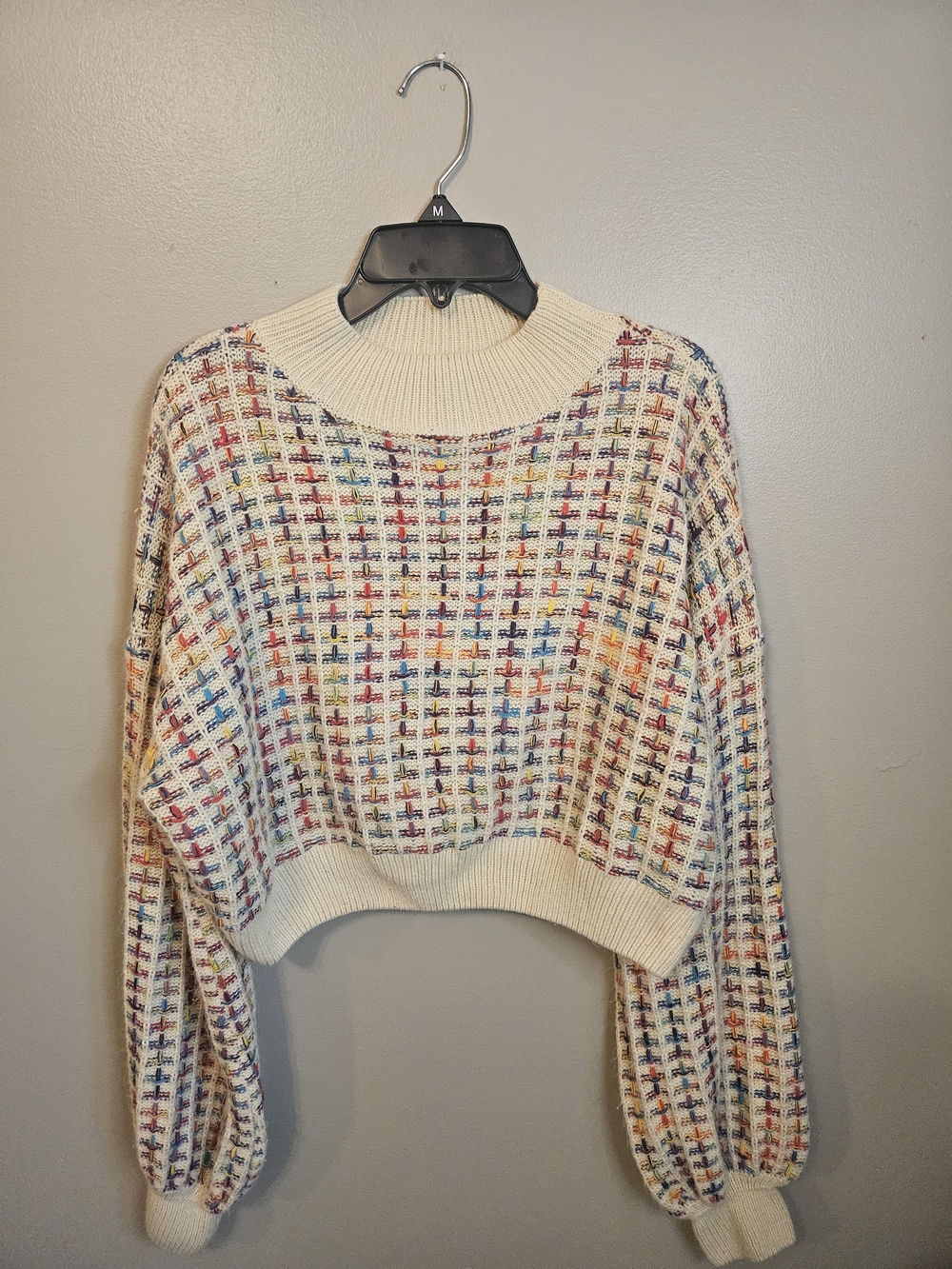 Cider Cream Cropped Grid Knit Sweater with Multicolor Check